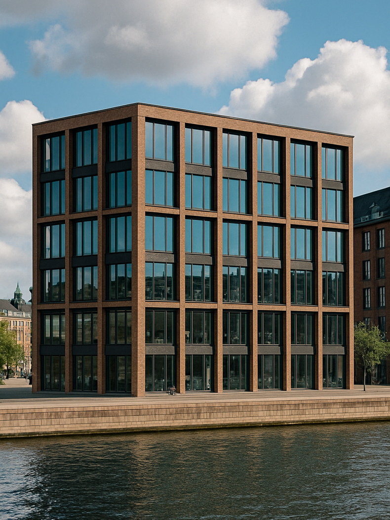 Bygning med en kanal i forgrunden