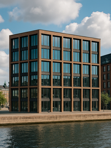 Bygning med en kanal i forgrunden