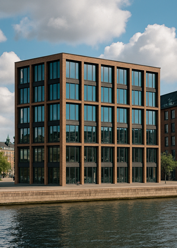 Bygning med en kanal i forgrunden