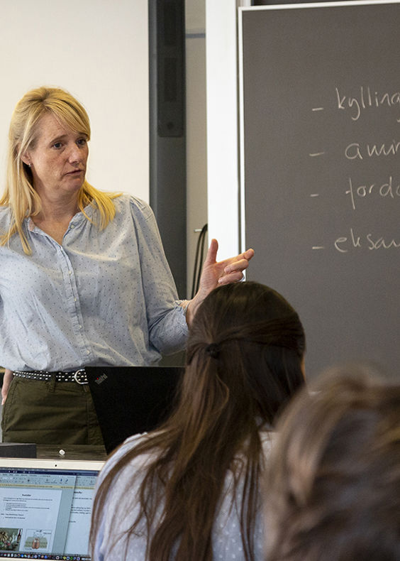 En gymnasielærer står foran en tavle og underviser en klasse